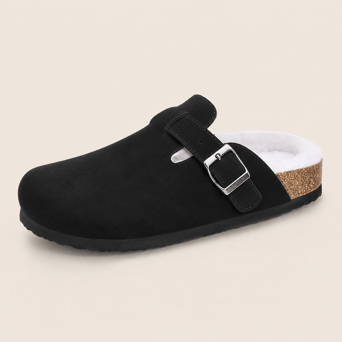 The Faux Fur-Lined Suede Clog in Black