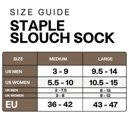 Staple Socks size guide: Medium fits US Women 5.5–10, Large fits US Women 10.5–15